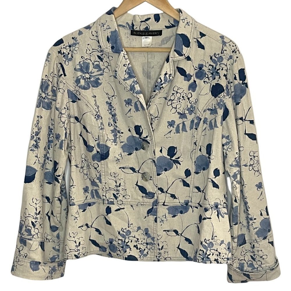 Alexis & Avery Blazer Linen & Cotton Jacket Blue Floral Print Medium Peplum